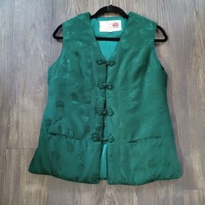 Vintage Peony Brand Shanghai China Green Floral Padded Vest Oriental